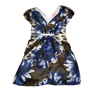 XTaren Dress Womens S Brown Short Sleeve V Neck Floral Print Back Zip Pleated